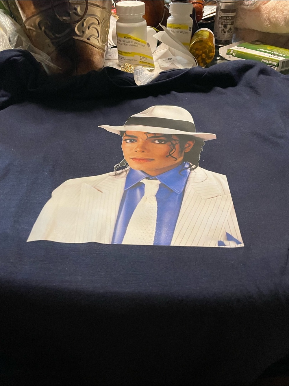 Navy Short-Sleeve Graphic Tee with White Hat Portrait Print